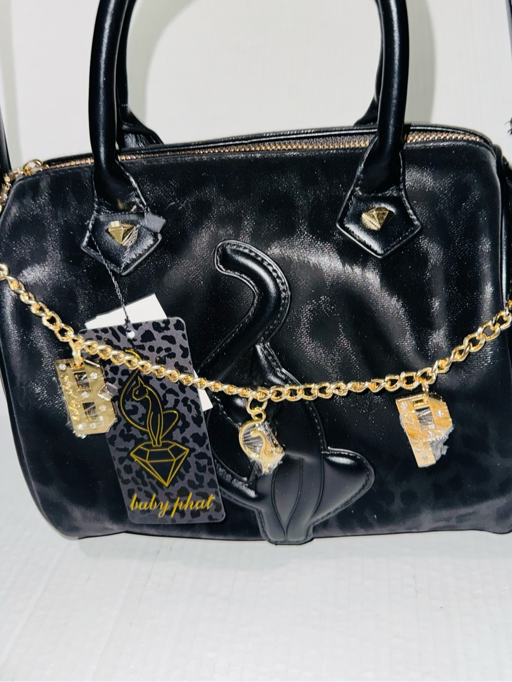 Baby Phat Black leopard print Satchel with Gold Charm Chain BNWT